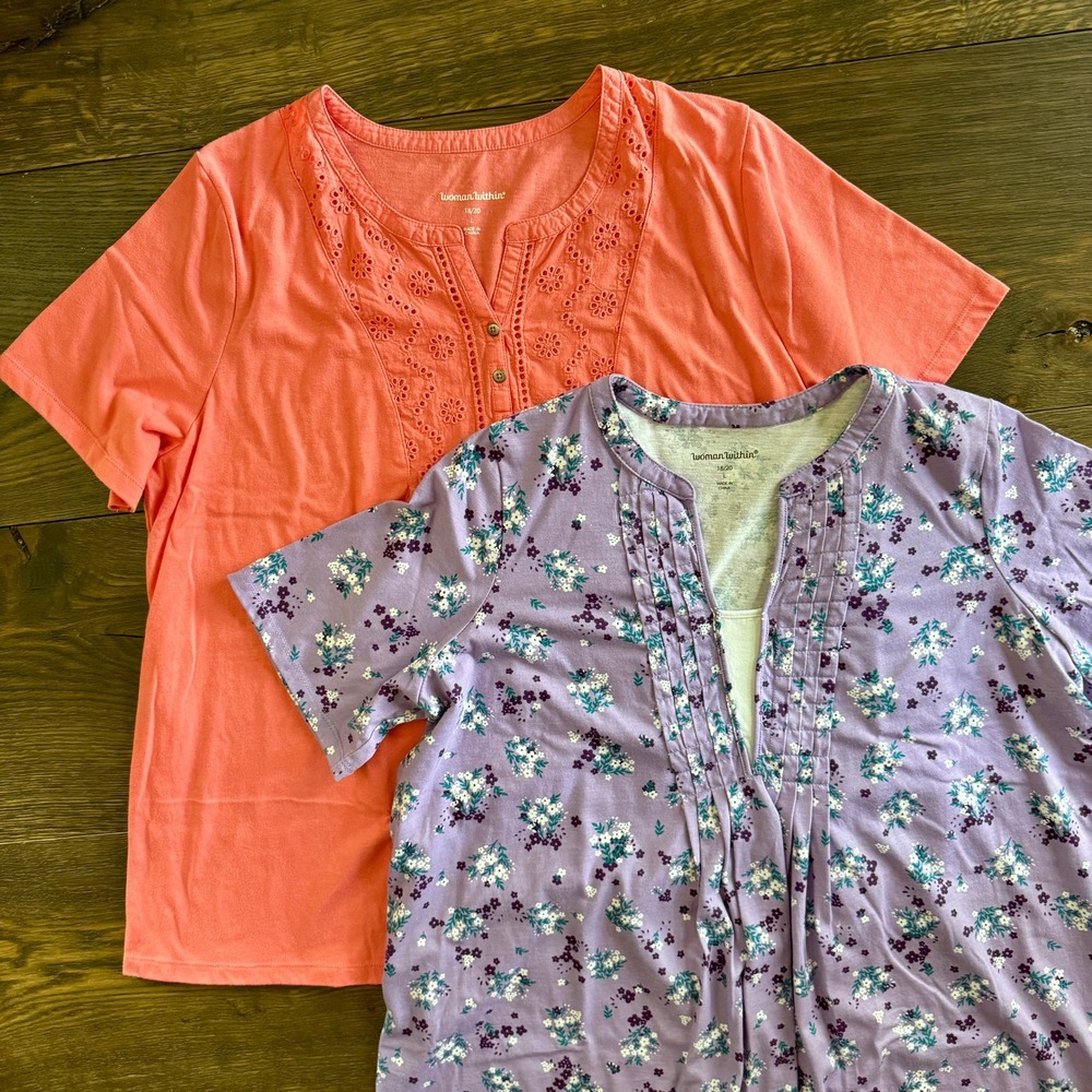 Woman Within Lot‎ of 2 Short Sleeve Popover Tees 18/20 Purple Coral Cottagecore
